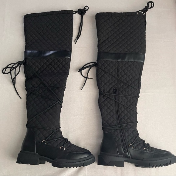 Sabrini Black Caviar Quilted Tall Boots Size 7 Chunky Heel New - Picture 4 of 11